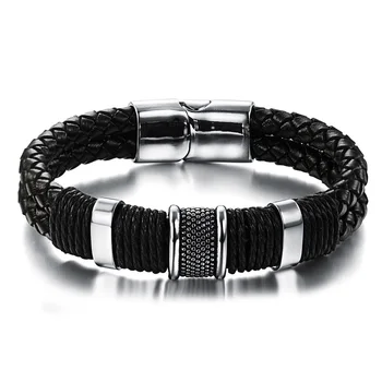 

Men PU Leather Braided Bracelet Chain Magnetic Buckle Jewelry Gifts LXH
