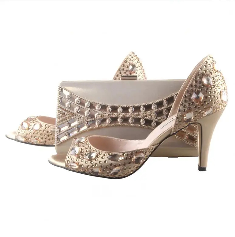BS009/комплект из итальянских туфель с синими стразами и сумочки под заказ; Свадебная обувь для невесты; женские модельные сандалии; большие размеры - Цвет: gold