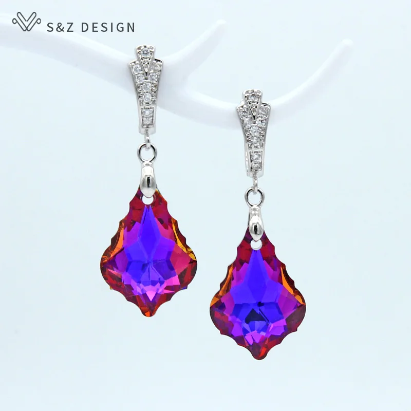 S&Z DESIGN New White Gold Color Colorful Crystal Dangle Earrings For Women Wedding Fashion Party Gift Eardrop