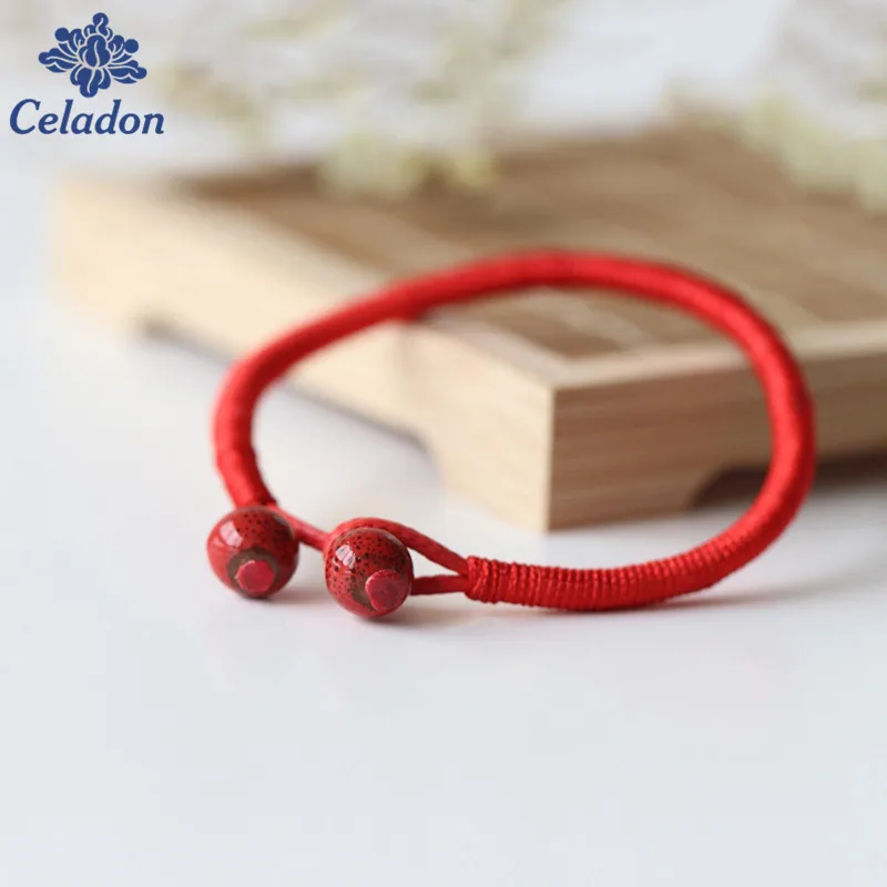 

2pcs/lot Red String Lucky Bracelet Handmade Round Black Spots Ceramic Beads Rope Chain for Lovers Accessories