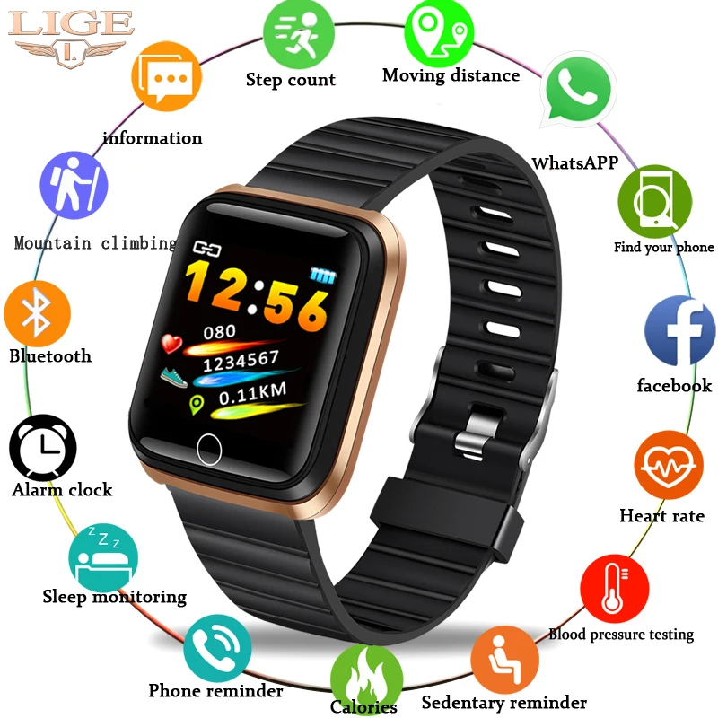 

Black Smart Sports Watch Waterproof Fitness Watch Blood Pressure Heart Rate Monitoring Pedometer Smart Watch Men for Android IOS