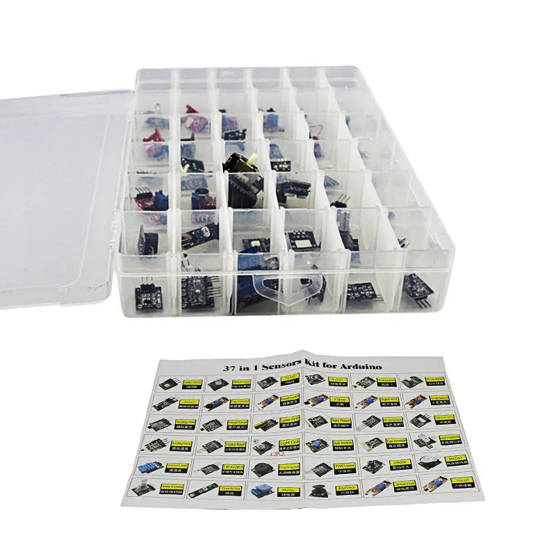 

Elecrow 37 in 1 Sensor Kit for Arduino Starters DIY Fans Switch Flame Temperature Color LED Buzzer Replay with Retail Box