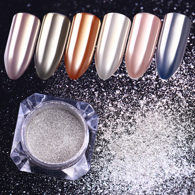 Aurora Chrome Mirror Powder Over Nude Gel Nails