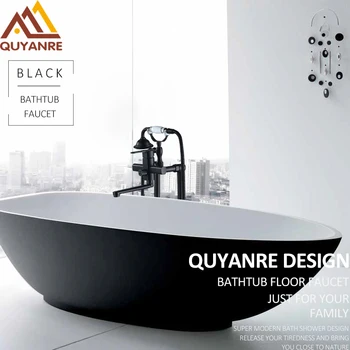 

Quyanre Black Brushed Bathtub Floor Standing Faucet Creamic Handshower Rotation Long Spout Single Handle Mixer Tap Bath Shower