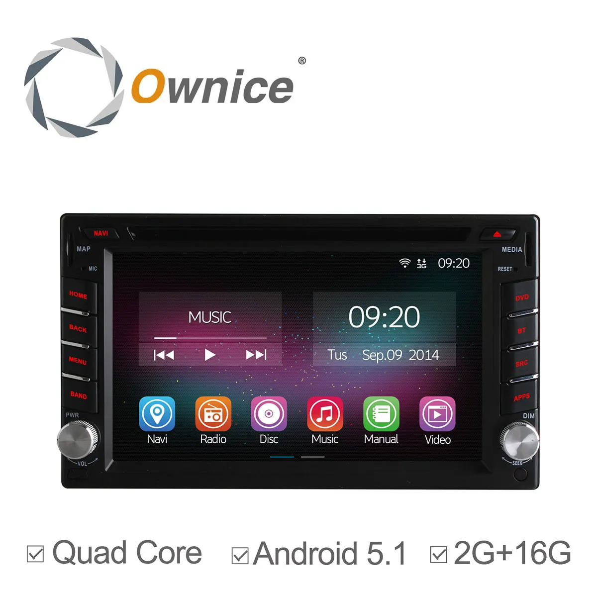  Ownice 2 din Android 5.1 Quad Core Universal Car Radio DVD GPS Navi 2G ram /16G rom Bluetooth Support 3G DVR   Camera wifi 