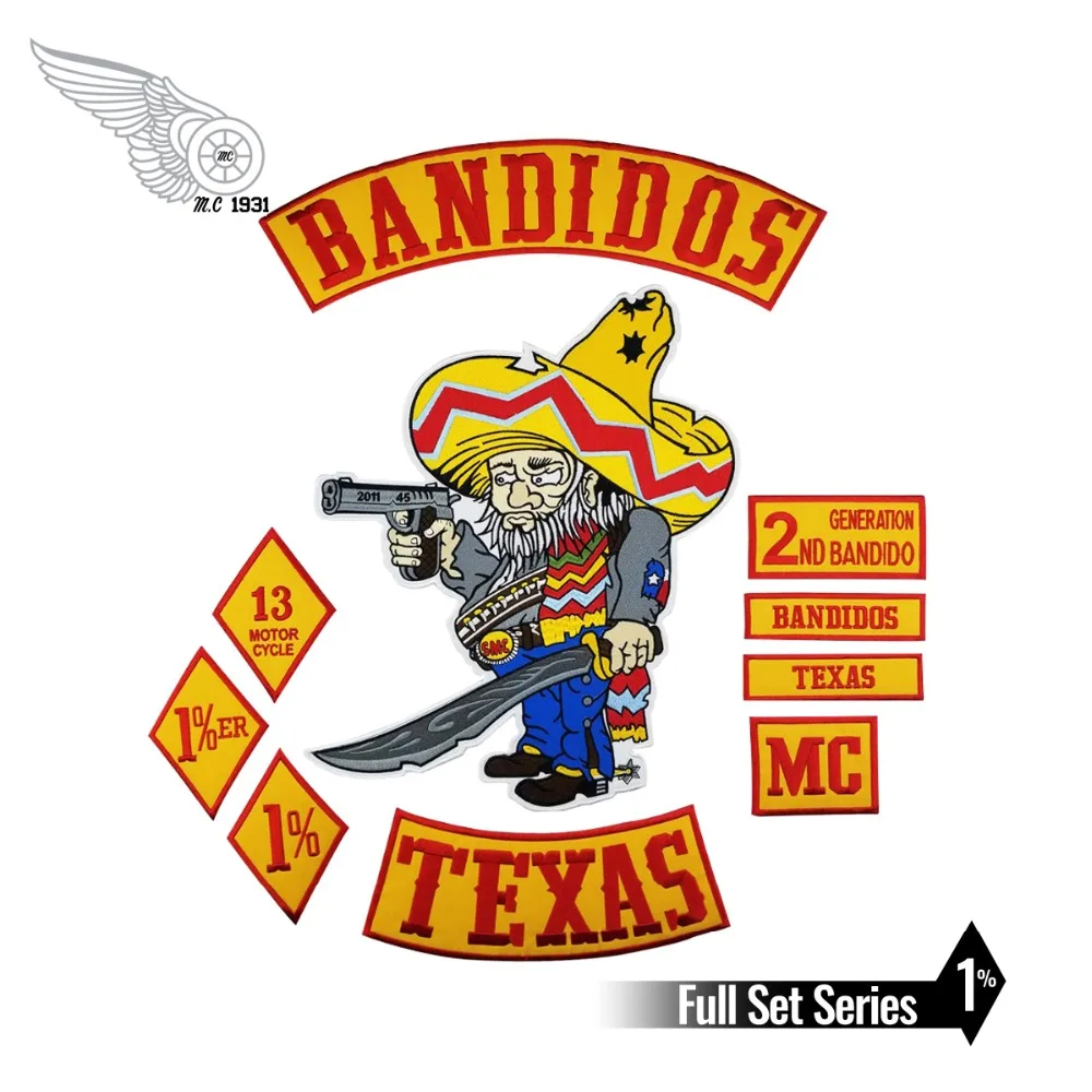 

Hot Sale! 10pcs/Set BANDIDOS TEXAS MC Patch Embroidered Iron-On Full Back Size Jacket Vest Motorcycle Biker 1% Patch