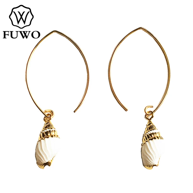 Женские серьги-капли FUWO белые серьги-ракушки с золотой отделкой пляжные