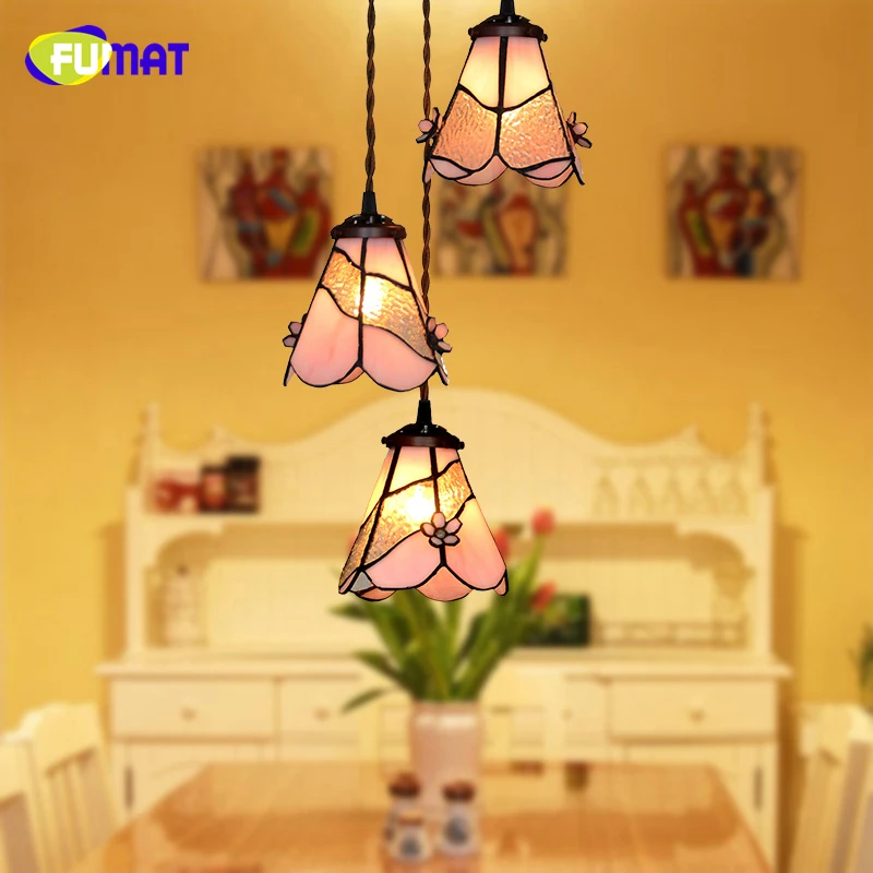 FUMAT American Style Tiffany Pink Flower Glass Art Lamp Living Room Hotel Pendant Lamp Kitchen Dining Room Lamp Hand-Made