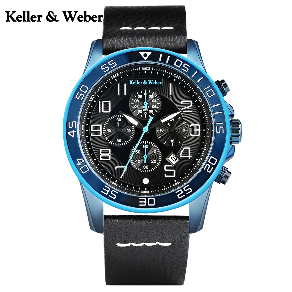 

Keller & Weber Chronograph 3ATM Men Wrist Watch Casual Date Display Water Resistant Genuine Leather Band Quartz Watches Reloj