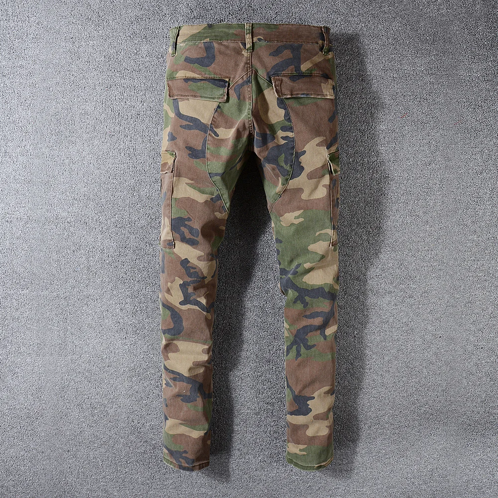  Sokotoo Men's camouflage printed patchwork military biker jeans for moto Slim fit straight army gre