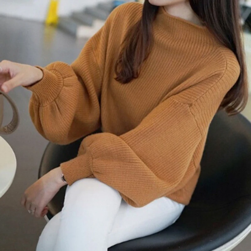 

New Fashion Korean Tops tee Women Lantern Sleeve Half Turtleneck Autumn Female Tops Women Sweater Clothes 5 Colors