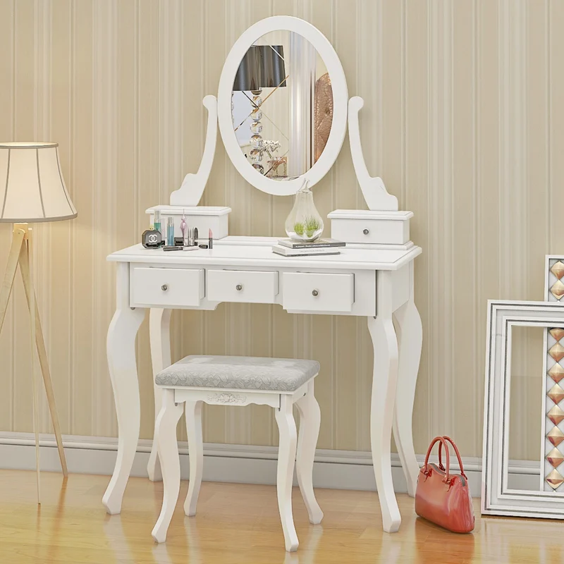 Деревянный туалетный столик с стул овальное зеркало 5 ящиками белая сосна дропшиппинг