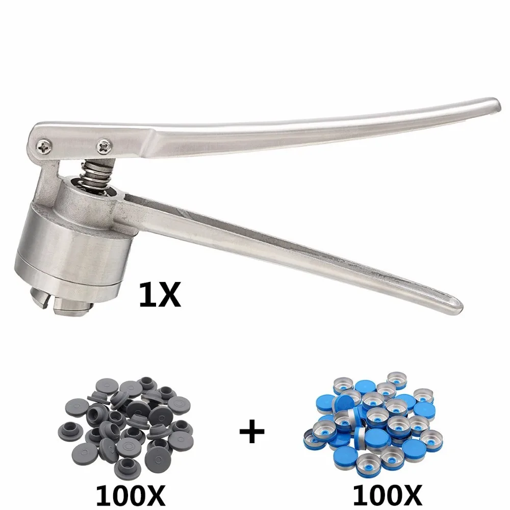 20mm Steel Flip Off Vial Seal Crimper + 100 x Caps + 100 x Rubber