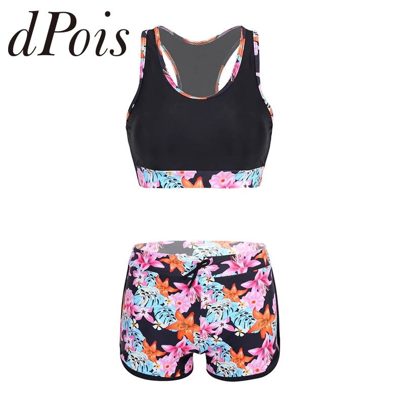 

2Pcs Women Fashion Sporty Print Swimsuits Scoop Neck Racerback Padded Crop Top with High Waisted Boyshort Bottom Beach Swimwear