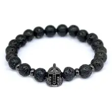 Antique Gold Plated Roman Warrior Gladiator Helmet Bracelet Men Black Lava Rock Stone Bead Bracelets For Men Pulseras wholesale