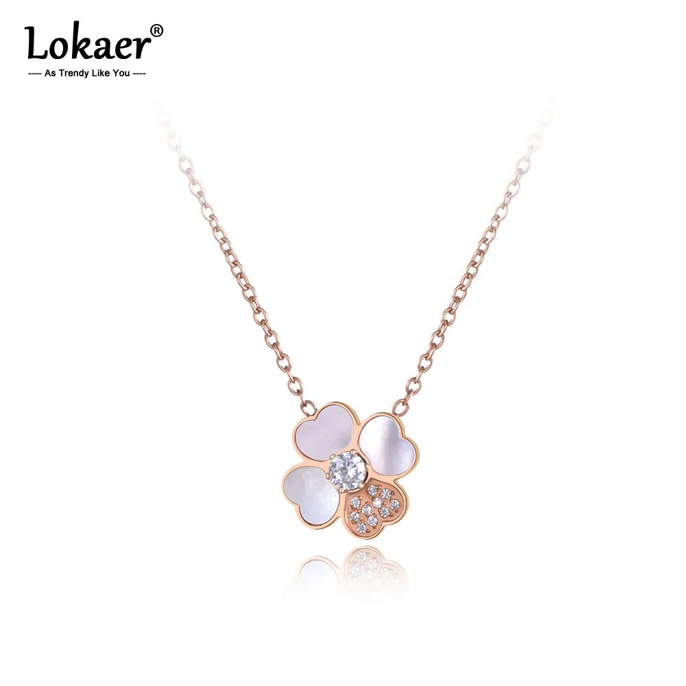 

Lokaer Titanium Steel Love Heart Flower Pendant Necklaces Jewelry CZ Crystal Shell Choker Wedding Necklace For Women N19088