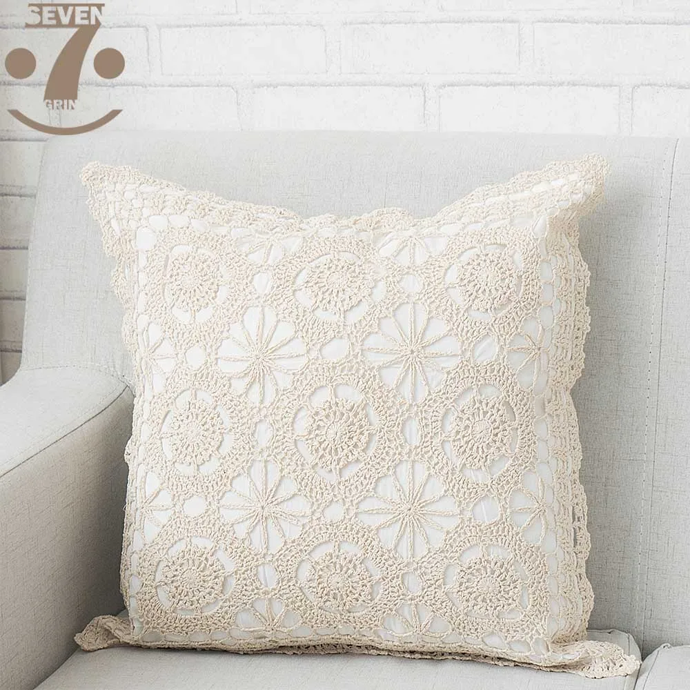

1Pcs Cute Beige Color Crocheted Pure Cotton Geometric Patchwork Embroidered 45x45cm Square Pillow Cover