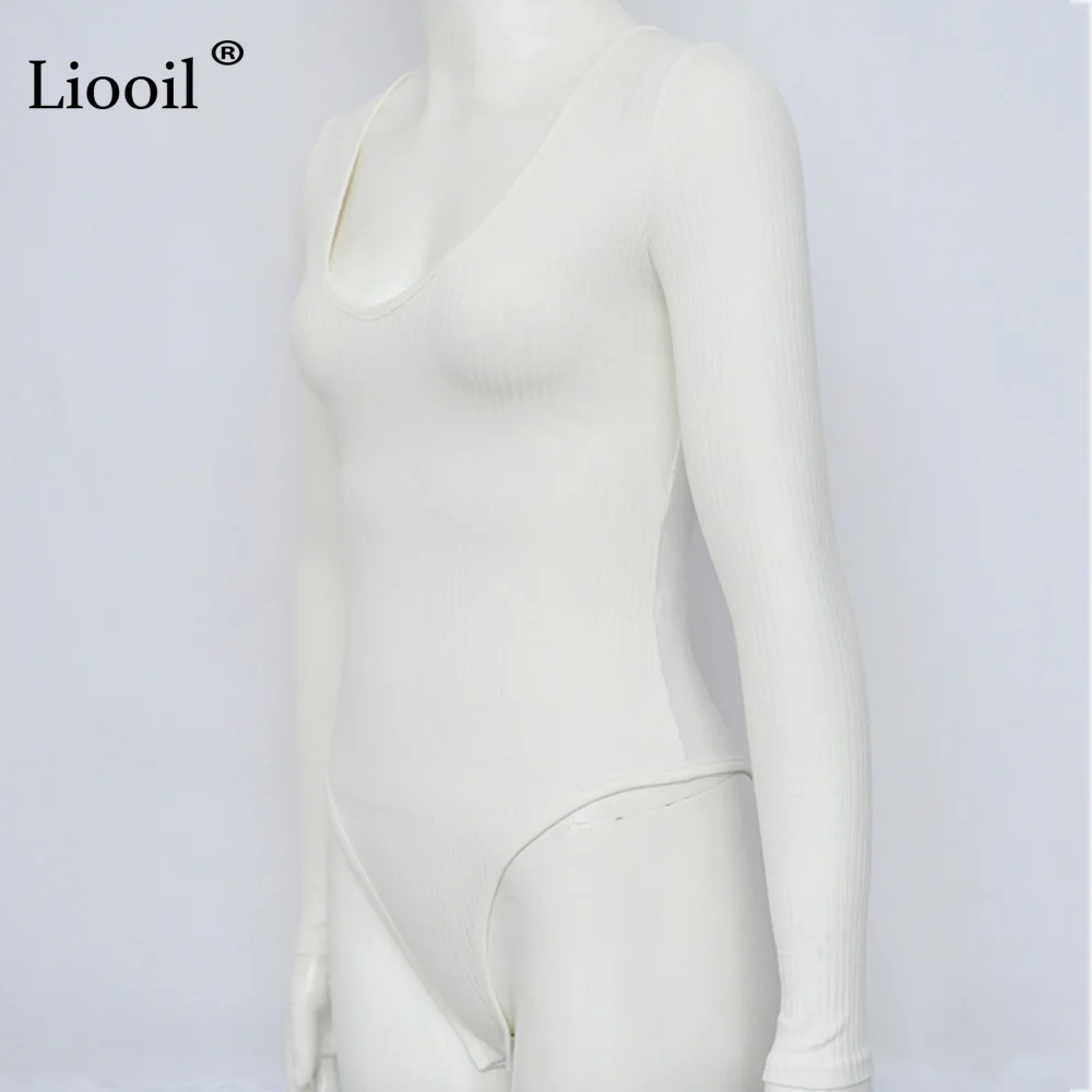 Liooil Сексуальная Bodycon вязаные комбинезоны черный, белый цвет Комбинезоны для Для женщин 2019 Весна длинным рукавом с v-образным вырезом