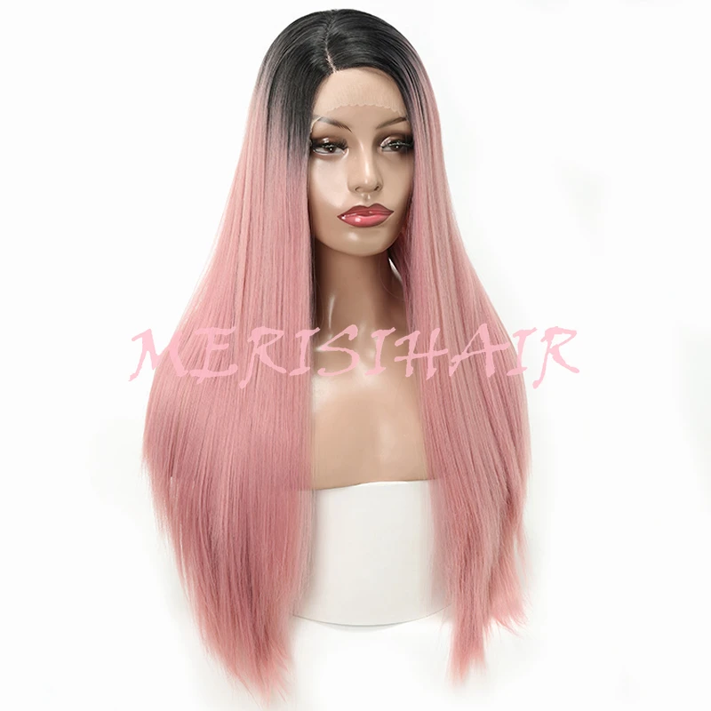 MERISI HAIR Long Straight Hairstyle Pink Color Available Lace Front Wigs For Women Synthetic Hair High Temperature Fiber (6)