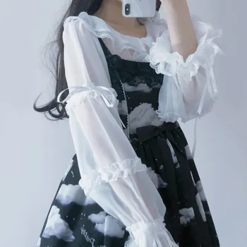

Free Limited Shipping 2019 Japanese Cute Soft Jellyfish Translucent Star Petal Collar Lantern Sleeve Lolita Long Chiffon Shirt