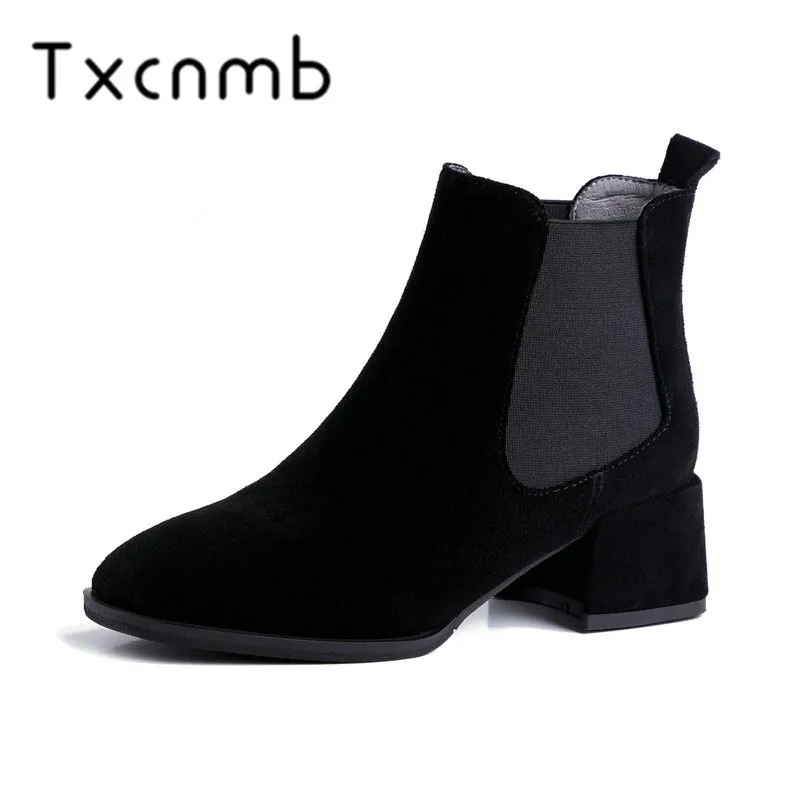 

TXCNMB 2019 Cow Suede Leather Women Ankle Boots High Heels Shoes Woman Buckle Woman Ankle Boots Size 40 Black