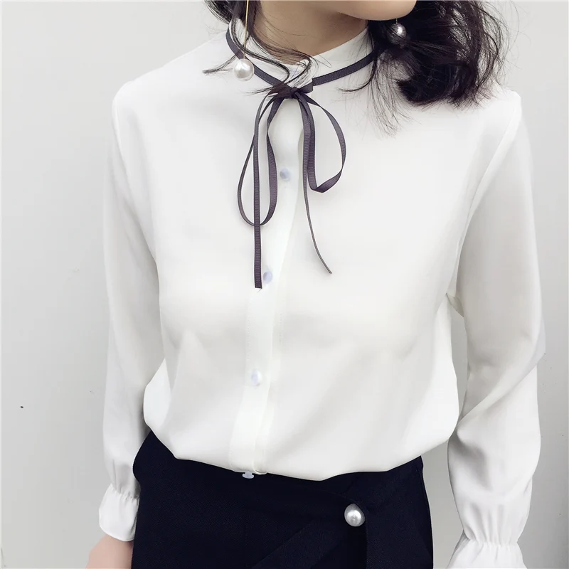 2018 Women Autumn Elegant Bow Stand Collar Chiffon Blouse