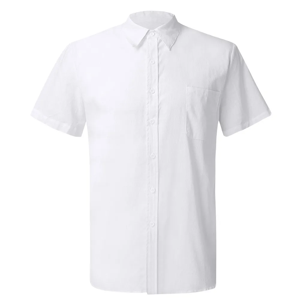 Однотонные повседневные льняные рубашки для мужчин, летние, отложной воротник, короткий рукав,, camisa hombre, топы, блуза на пуговицах, мужская рубашка d90613