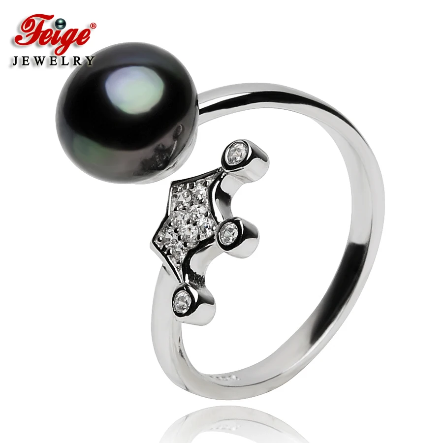 

FEIGE 925 Sterling Silver Imperial crown Shaped Pearl Ring For Women's 8-9mm Black Natural Freshwater Pearl Ring Fine jewelry