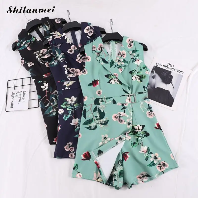 

Chiffon Women Romper 2019 Overalls Designers Vintage Flora Printed Turn Down Collar Playsuits Buckle Sashes Waist Short Jumpsuit