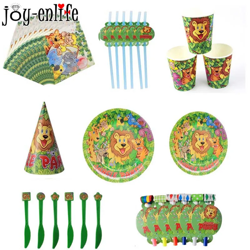 

Birthday Jungle Safari Party Tableware Kits Kids Forest Animal Party Disposable Plates Cups Napkins Baby Shower Boy Party Decor