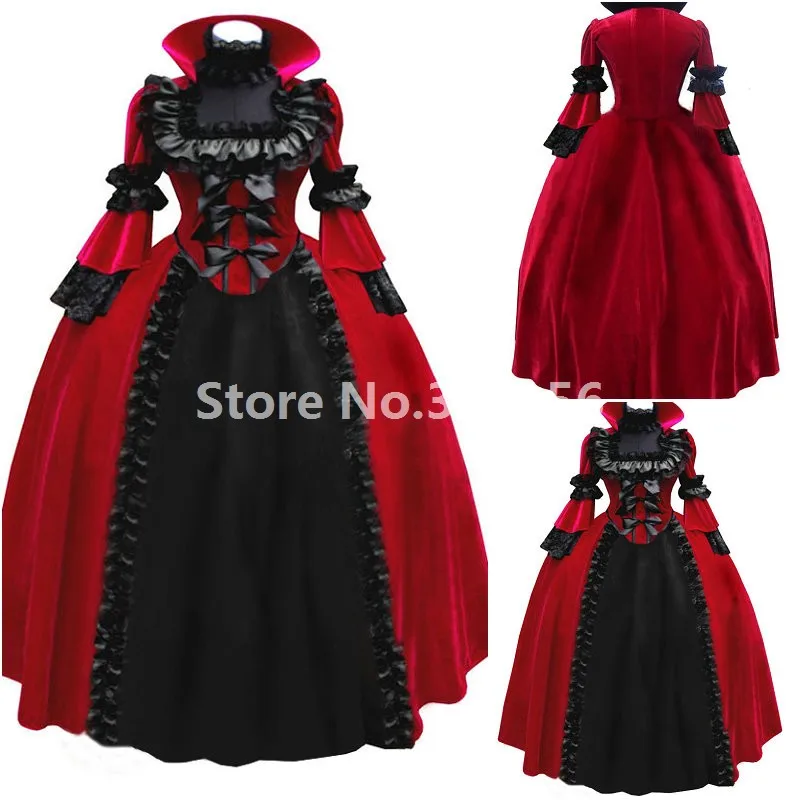 

Renaissance Reenactment Masquerade Wine Red Dress Halloween Queen Vampire Vintage Victorian Steampunk Gothic Dress