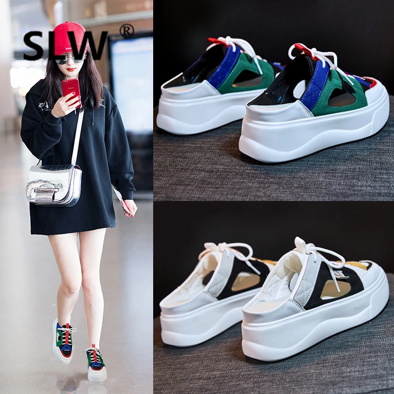 

Shoes Women Slippers Platform Slides Med Cover Toe Fretwork Heels Soft Flat Sliders Lace-Up Autumn Cotton Fabric Rubber