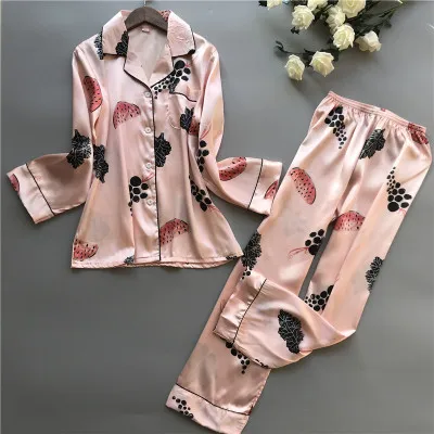 Daeyard весенние женские модные шелковые пижамные комплекты с цветочным принтом, блузка с длинными рукавами и штаны, мягкие пижамы, одежда для сна, милая домашняя одежда