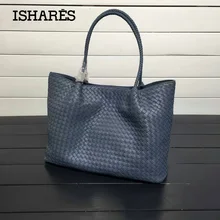 Ishares hombro de piel de cordero bolsos de señoras de las mujeres de piel de oveja de cuero genuino tejido compuesto de gran capacidad totes is8832