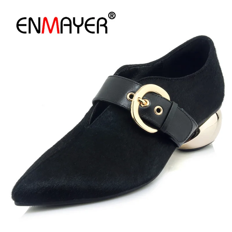 

ENMAYER Horsehair Women Ankle Boots Size34-39 Causal Med Heels Strange Heels Fashion Boots Pointed Toe Shoes woman Buckle CR1059