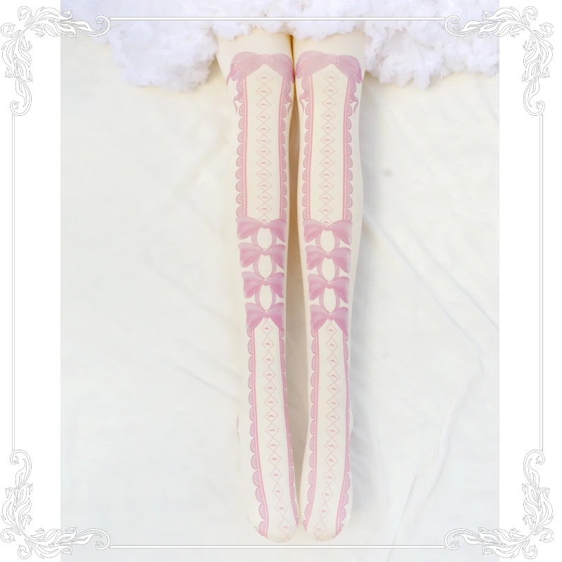 

Japanese Sweet Cute Lolita Tights Stockings Cute Bowknot Print Tights Women Girls Pantyhose Cosplay Kawaii Cute Socks 2Color