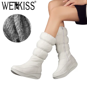 

WETKISS Winter Warm Snow Women Boot Platform Boots Mid Calf Footwear 2018 New Fashion Cleated Female Shoes Super Big Size 35-44