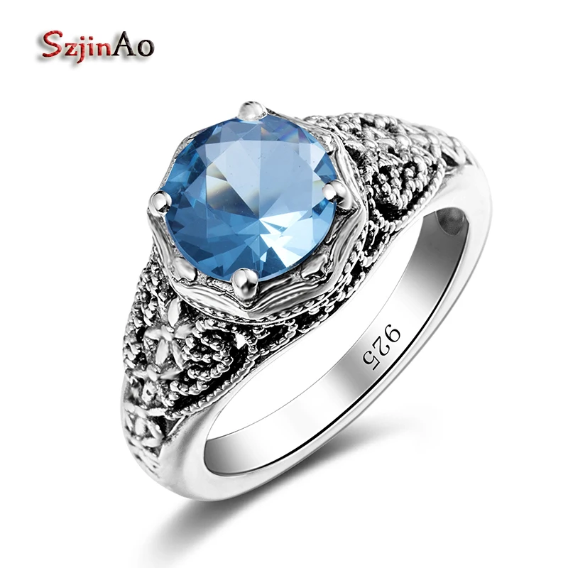 

Szjinao New Brand Handmade 925 Pure Sterling Silver Rings Aquamarine Oval Cut Luxury Brand Women Ring Wholesale