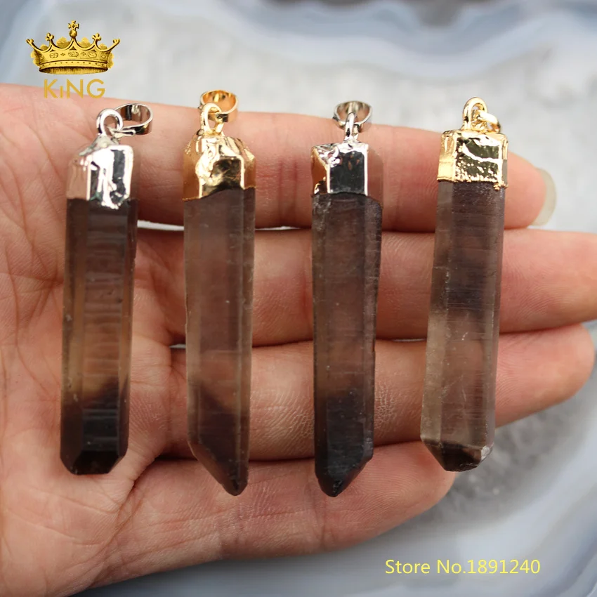 

5pcs Long Stick Smoky Color Quartz Point Pendants Jewelry,Natural Quartz Raw Crystals Plated Gold/SIlver Caps Spike Charms YYX97