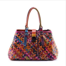 Colorful genuine leather bags for women handbag genuine weaving Cowhide splicing top-handle crossbody bag shoulder bag