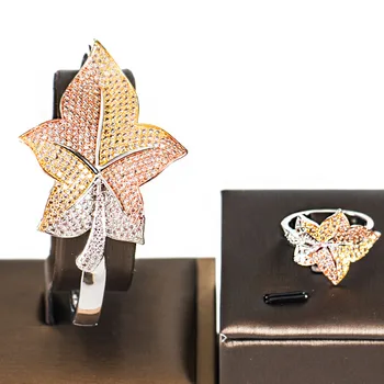 

LAN PALACE african luxury cubic zirconia bridal jewelry set big tree leaves bangle and ring set 3 colors free shipping