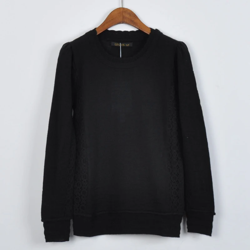 Новые модные черные с длинным рукавом кружева стороны украшения пуловер О-образным вырезом Однотонная одежда компьютер вязаный свитер Для