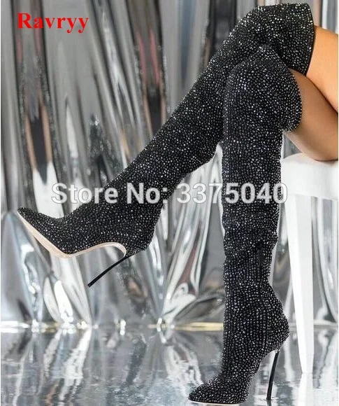 Ravryy Sexy Black Crystal Over The Knee Boot Pointed Toe Thight High Heel Boots Side Zipper Long Boots Woman Rhinestone Boot цена Ravryy Sexy Black Crystal Over The Knee Boot Pointed Toe Thight High Heel Boots Side Zipper Long Boots Woman Rhinestone Boot цены онлайн