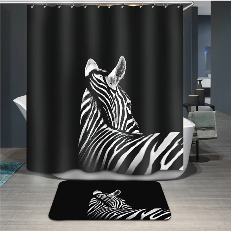Cartoon Colored zebra and Tiger Printing 3D Shower Curtains Spun Waterproof Washable Thickened Curtain Bathroom+12 C Type Hook