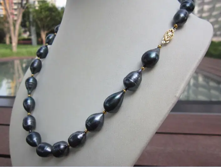 

HOT## Wholesale FREE SHIPPING >>> 12-14 MM TAHITIAN NATURAL SOUTH SEA BLACK PEARL NECKLACE 14K Gold Clasp