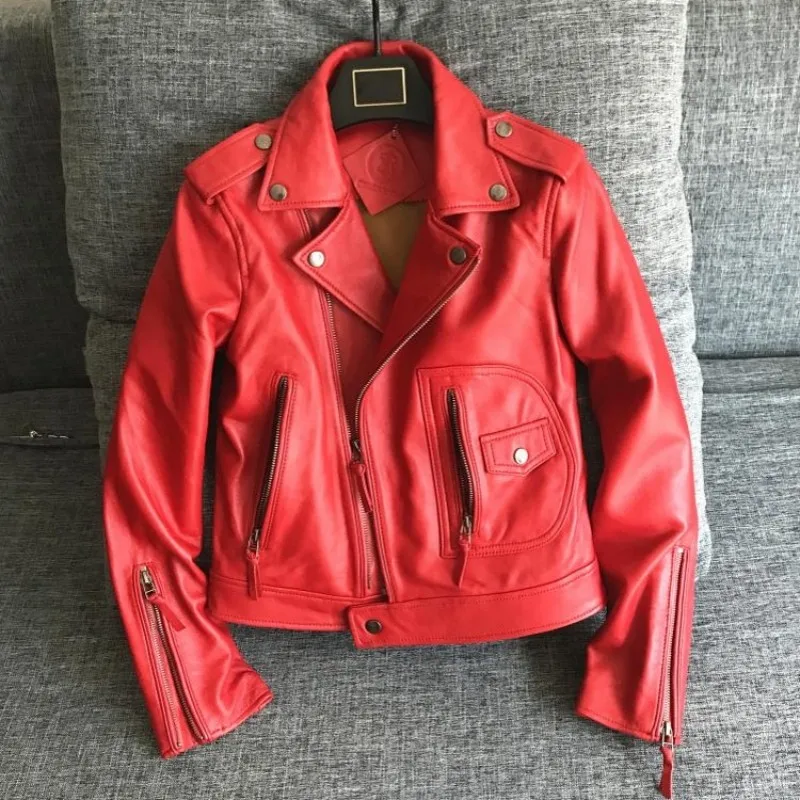 Beste Zwart Rood 100% Schapenvacht Jas Vrouw Koreaanse Plus Size Real Leather Montone Jacket Biker Streetwear Casacos De Inverno Feminino