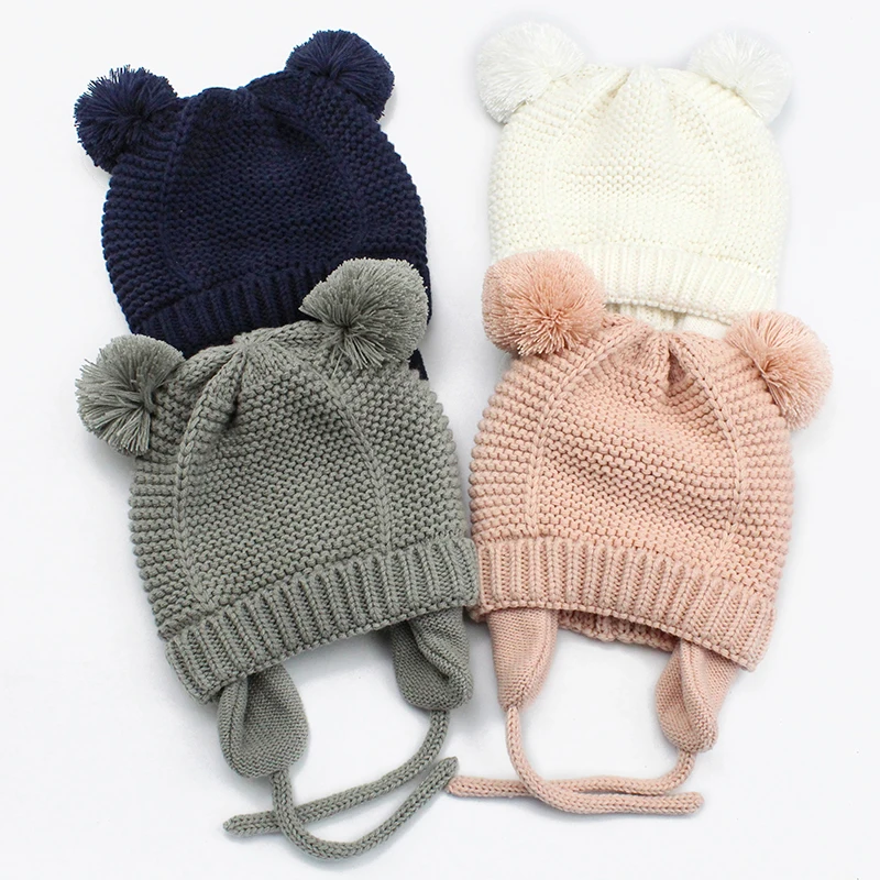 

Baby Hats For Girls Boys Soft Knitted Warm Winter Hats For Kids Children Solid Color Protect Ears baby Beanie Caps