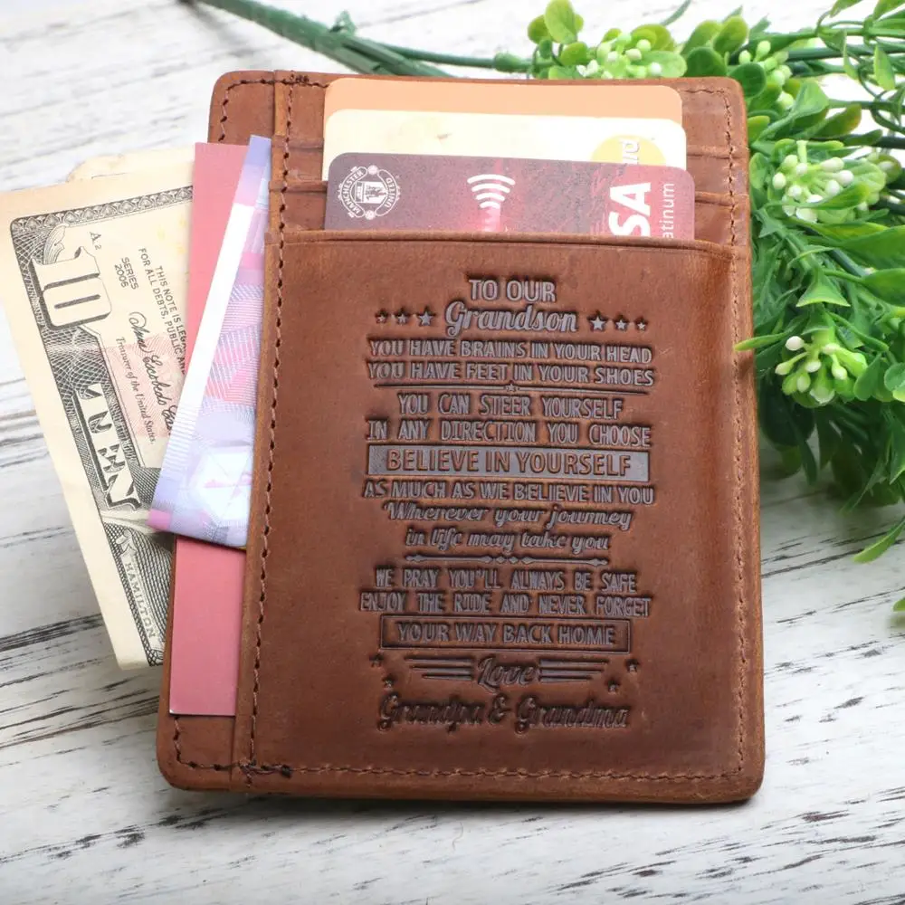 Personalize Genuine Leather Men Wallet Vintage Purse Slim Front Pocket Card Gift