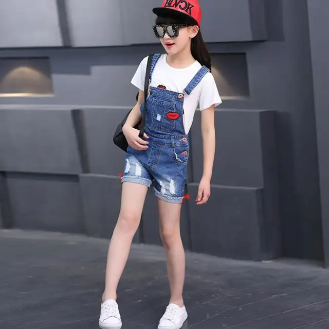 Girls jeans, Korean version, summer lip label, cowboy, big boy strap, shorts, children 2018 new style children's wear. 5