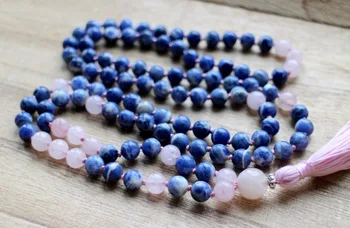 

108 Mala Beads Necklace Sodalite and RoseQuartz Knotted Necklace Tassel Necklaces Prayer Necklaces Yoga Mala meditation Beads